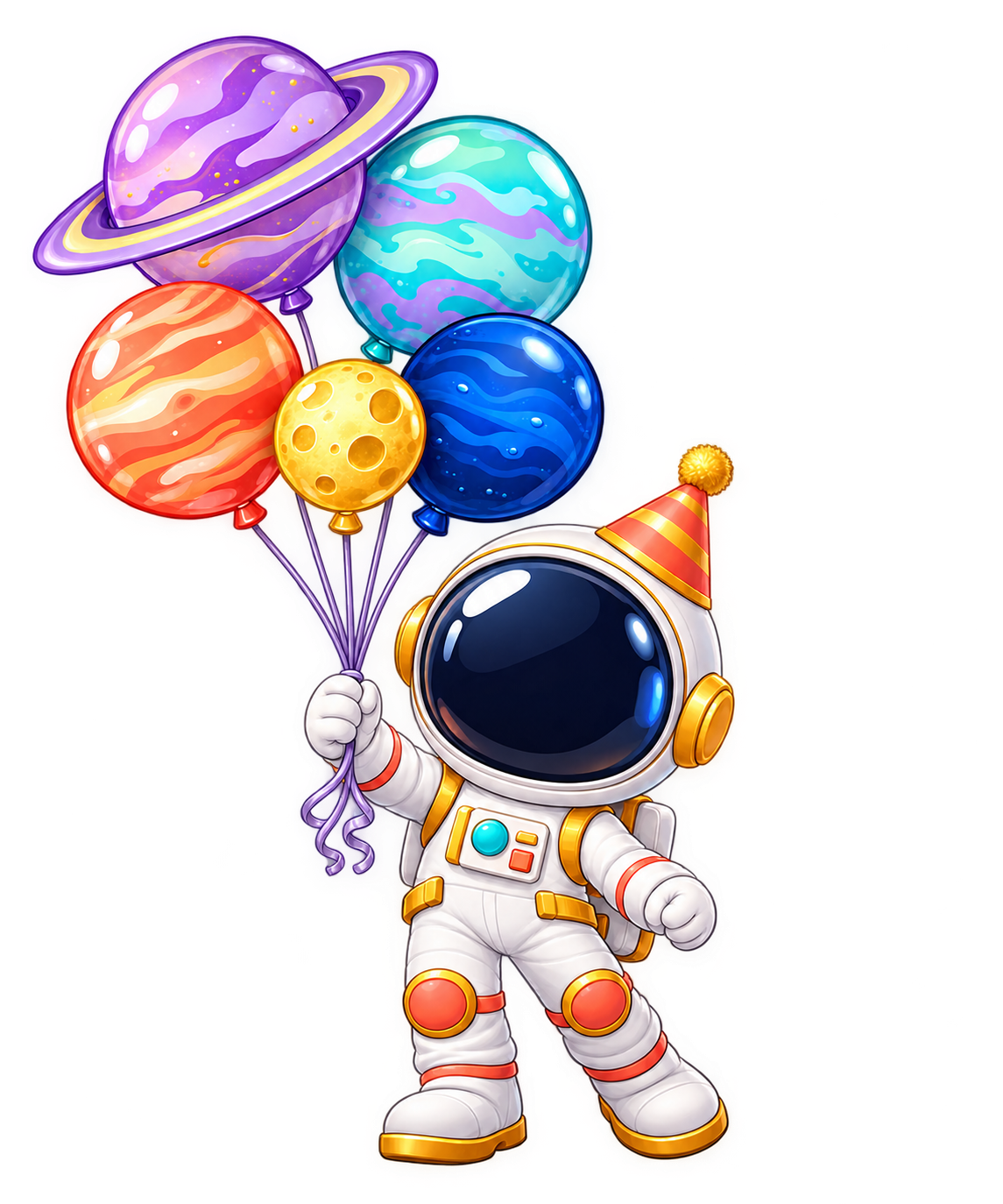 Astronauta con visor oscuro y gorro de fiesta sosteniendo globos con forma de planetas